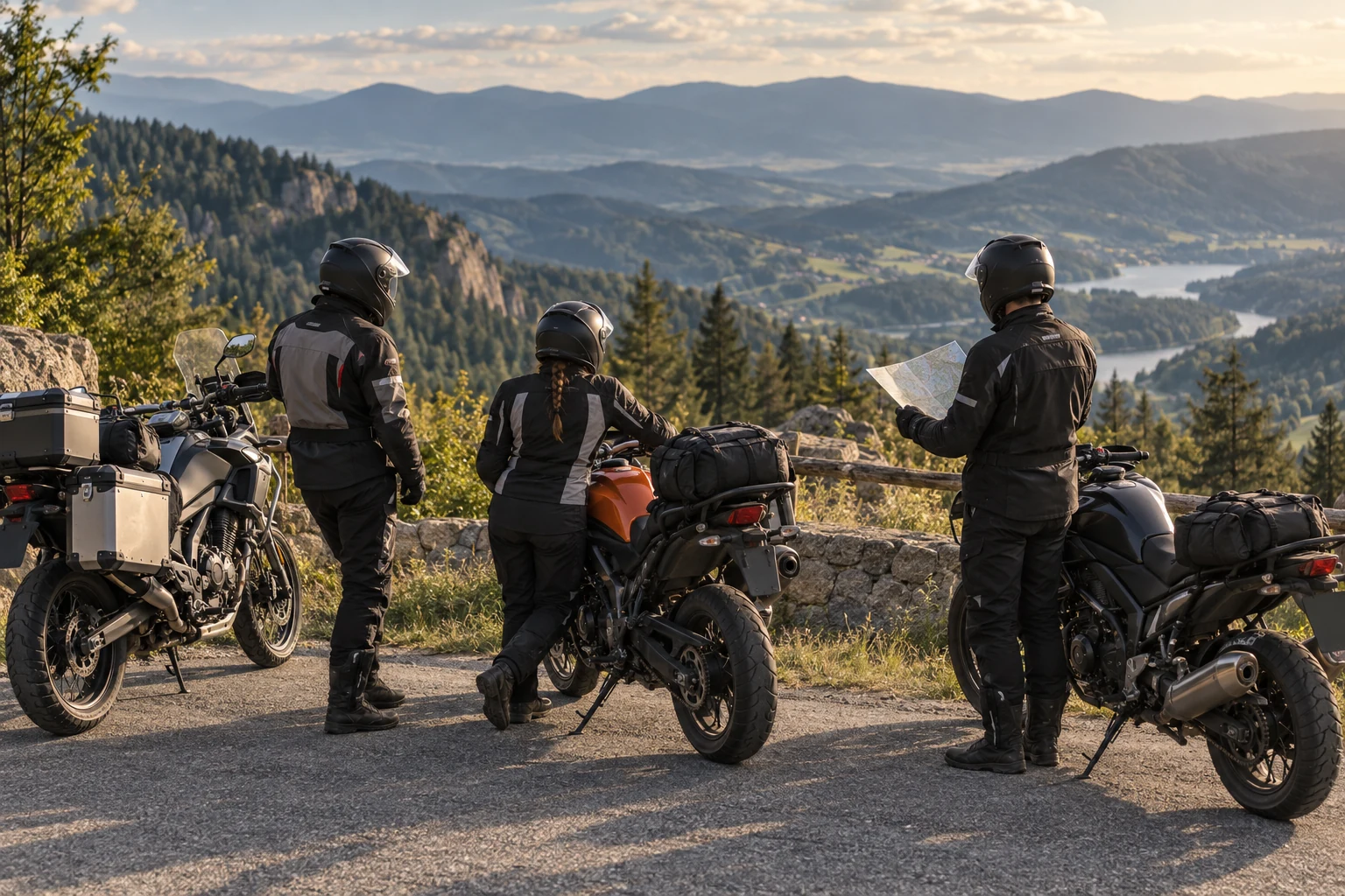 Ekipa motocyklistów planująca dalszą trasę na górskim punkcie widokowym — ilustracja AI
