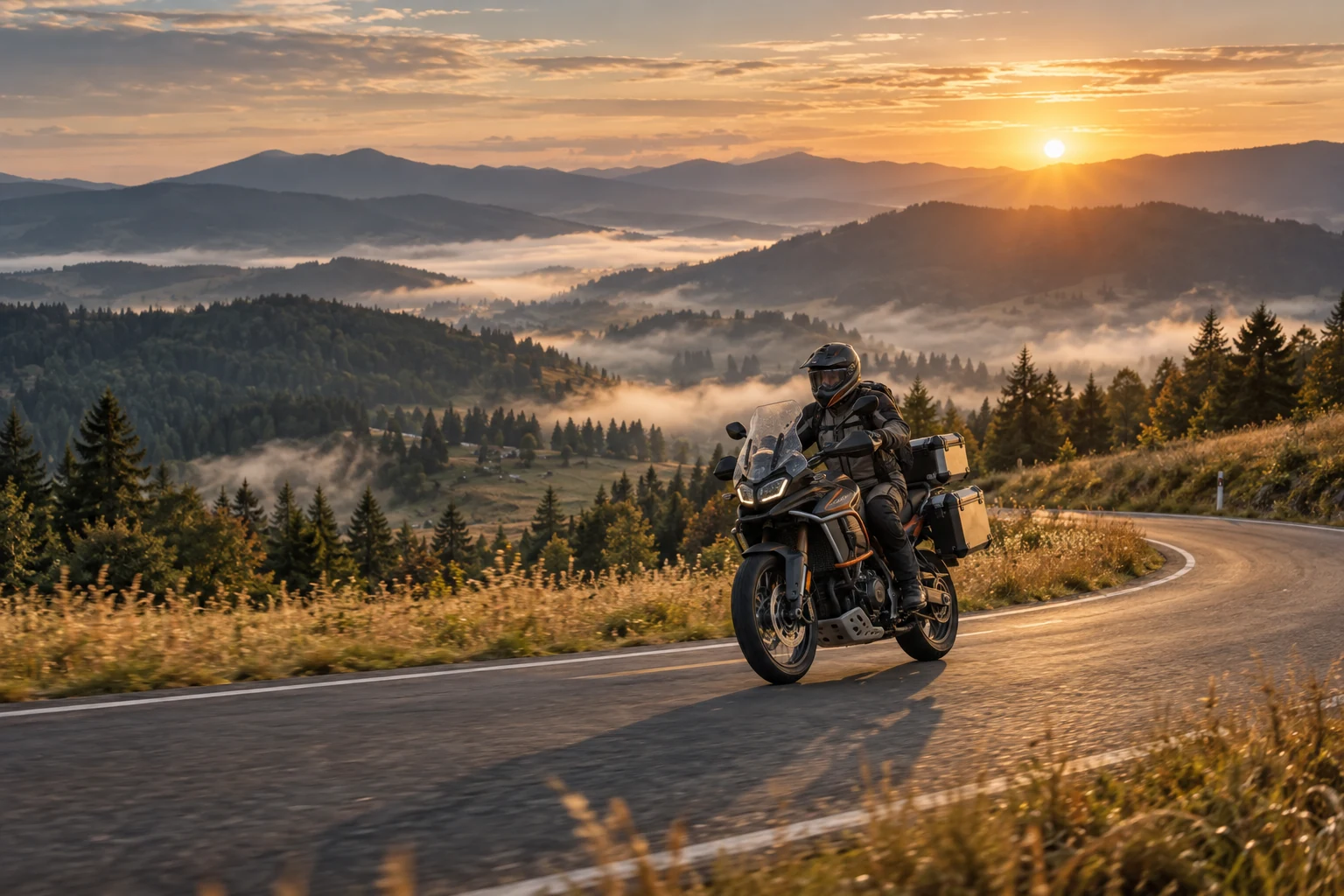 Motocyklista na krętej górskiej drodze o wschodzie słońca — ilustracja AI
